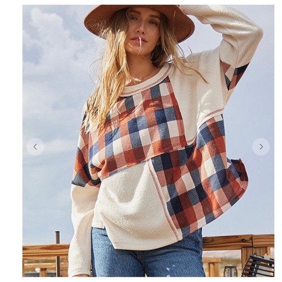 11 Boho Plaid Fabric Contrast Knit Top - Picture 4 of 5